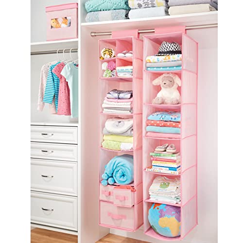 mDesign Fabric Hanging Organizer - Over Closet Rod Storage with 6 Shelves for Baby Nursery Bedroom Organization - Hold Clothes, Linens, Toys, Accessories - Pink Herringbone