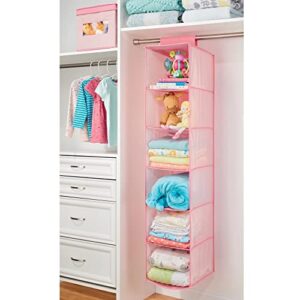 mDesign Fabric Hanging Organizer - Over Closet Rod Storage with 6 Shelves for Baby Nursery Bedroom Organization - Hold Clothes, Linens, Toys, Accessories - Pink Herringbone