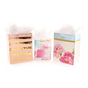 hallmark assorted birthday gift bag bundle with tissue paper (1 medium and 2 large bags, gold and pink)