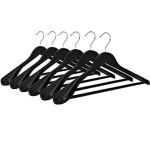js hanger wooden suit hangers, 6 pack extra-wide shoulder wood coat hangers with non slip pant bar, extra smooth and splinter free black finish