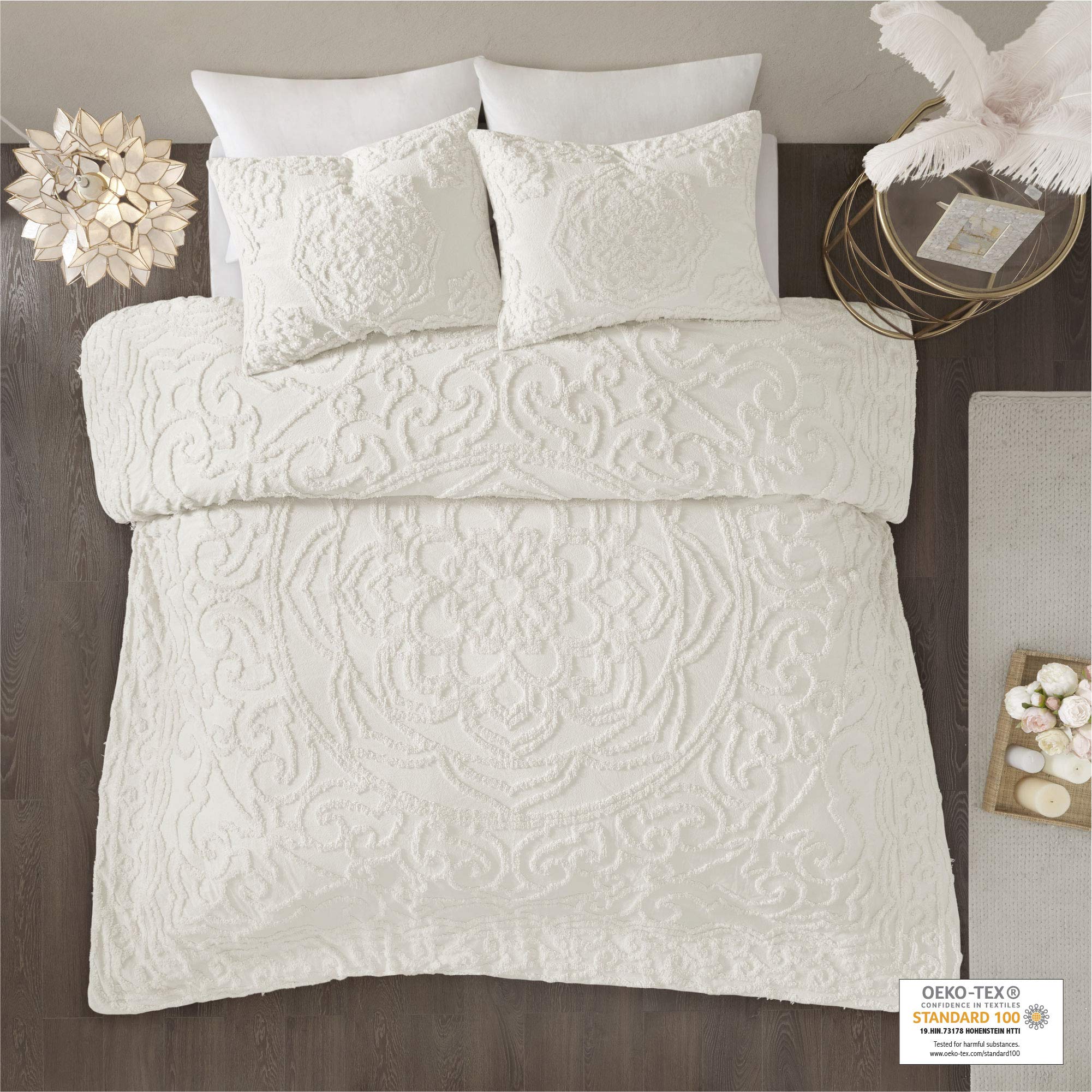 Madison Park Laetitia 100% Cotton Duvet Set - Chenille Tufted Medallion Design, All Season Cozy Bedding Shabby Chic Comforter Cover, Matching Shams, Floral Off White King/Cal King(104"x92") 3 Piece