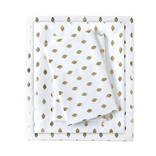 Intelligent Design Microfiber Cozy Bed Sheet Set, Modern All Season Bedding & Pillowcases, Premium 14" Elastic Pocket Fits up to 16" Mattress, Queen White/Gold Metallic Dot 4 Piece