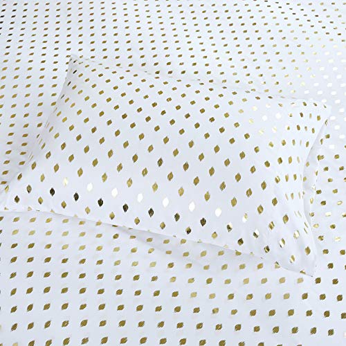 Intelligent Design Microfiber Cozy Bed Sheet Set, Modern All Season Bedding & Pillowcases, Premium 14" Elastic Pocket Fits up to 16" Mattress, Queen White/Gold Metallic Dot 4 Piece