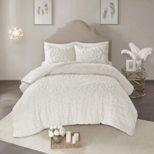 Madison Park Laetitia 100% Cotton Duvet Set - Chenille Tufted Medallion Design, All Season Cozy Bedding Shabby Chic Comforter Cover, Matching Shams, Floral Off White King/Cal King(104"x92") 3 Piece