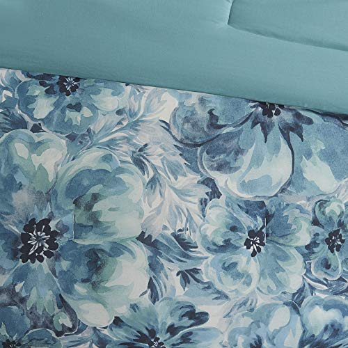 Madison Park 100% Cotton Comforter Set - Feminine Design Colorful Floral Print, All Season Down Alternative Bedding Layer and Matching Shams, King (104 in x 92 in), Enza, Teal 7 Piece