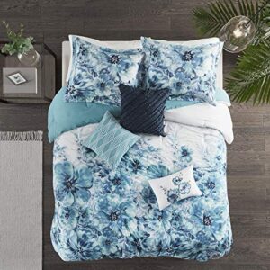 madison park 100% cotton comforter set - feminine design colorful floral print, all season down alternative bedding layer and matching shams, king (104 in x 92 in), enza, teal 7 piece