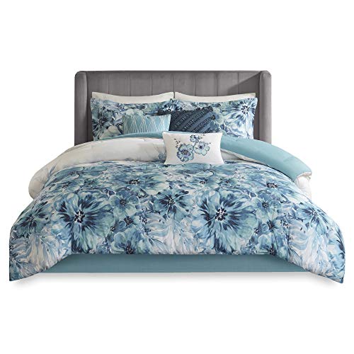 Madison Park 100% Cotton Comforter Set - Feminine Design Colorful Floral Print, All Season Down Alternative Bedding Layer and Matching Shams, King (104 in x 92 in), Enza, Teal 7 Piece