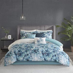 Madison Park 100% Cotton Comforter Set - Feminine Design Colorful Floral Print, All Season Down Alternative Bedding Layer and Matching Shams, King (104 in x 92 in), Enza, Teal 7 Piece