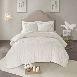 madison park laetitia comforter bohemian tufted cotton chenille, medallion shabby chic all season down alternative bed set with matching shams, floral off white king/cal king(104"x92") 3 piece