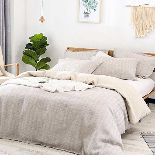 Merryfeel Linen Duvet Cover Set, 100% French Linen Yarn Dyed Check Jacquard Duvet Cover Set,Luxurious 3 Pieces Bedding Set - Queen