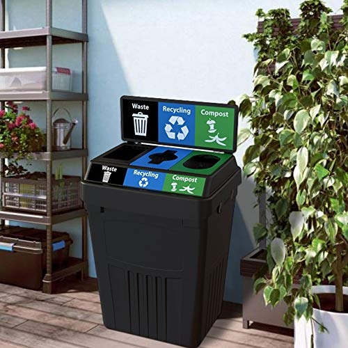 CleanRiver Flex E Bin - 50 Gallons | 3-in-1 Streams | Waste, Recycling, & Compost Basket with Backboard | Black Color