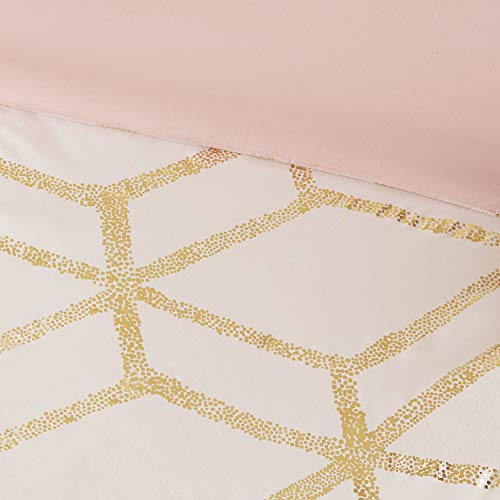 Comfort Spaces Vivian Comforter Set Ultra Soft All Season Lightweight Modern Geometric Glam Metallic Print Bedding, Matching Sham, Decorative Pillow, Full/Queen, Geometric Blush/Gold