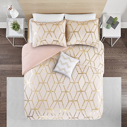 Comfort Spaces Vivian Comforter Set Ultra Soft All Season Lightweight Modern Geometric Glam Metallic Print Bedding, Matching Sham, Decorative Pillow, Full/Queen, Geometric Blush/Gold