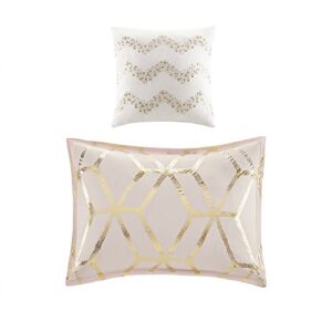 Comfort Spaces Vivian Comforter Set Ultra Soft All Season Lightweight Modern Geometric Glam Metallic Print Bedding, Matching Sham, Decorative Pillow, Full/Queen, Geometric Blush/Gold