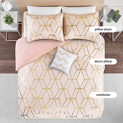 Comfort Spaces Vivian Comforter Set Ultra Soft All Season Lightweight Modern Geometric Glam Metallic Print Bedding, Matching Sham, Decorative Pillow, Full/Queen, Geometric Blush/Gold