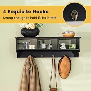 Giantex Hanging Shelf with Hooks Wall Mount Cubby Organizer with 4 Dual Hooks and Storage for Entryway, Hallway, Diningroom Furniture (Black)