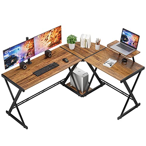 GreenForest L Shaped Desk 58” Reversible Corner Computer Desk with Movable Shelf and CPU Stand, Gaming Desk with Sturdy X Leg Space Saving Home Office Workstation Table, Walnut