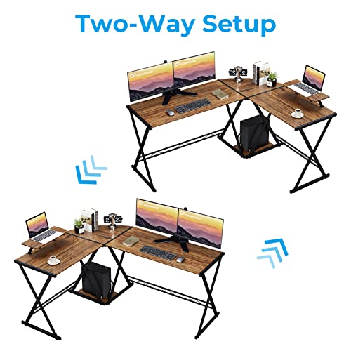 GreenForest L Shaped Desk 58” Reversible Corner Computer Desk with Movable Shelf and CPU Stand, Gaming Desk with Sturdy X Leg Space Saving Home Office Workstation Table, Walnut