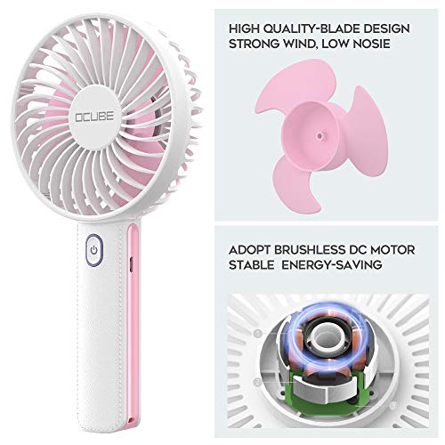 OCUBE Mini Handheld Fan,Small Personal Portable Hand Held Fan with 7 Color LED Light Base,Operated USB Rechargeable Desk Fan,3 Speeds Electric Lash Fan for Makeup (Pink)