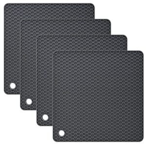 trivets for hot dishes, hot pads for kitchen, silicone pot holders for kitchen, trivets for hot pots and pans, heat resistant mats for countertop, square trivet mat for quartz countertops, pack 4 gray