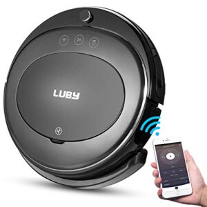 luby robot vacuum cleaner, vacuum and mop robotic vacuum cleaner, wi-fi connectivity, self-charging, super-thin, quiet, cleans for pet hair, hard floors, low-pile carpets, black