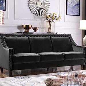 Iconic Home Camren Sofa Velvet Upholstered Swoop Arm Silver Nailhead Trim Espresso Finished Wood Legs Couch Modern Contemporary, Black