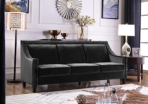 Iconic Home Camren Sofa Velvet Upholstered Swoop Arm Silver Nailhead Trim Espresso Finished Wood Legs Couch Modern Contemporary, Black