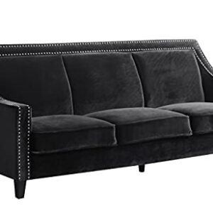 Iconic Home Camren Sofa Velvet Upholstered Swoop Arm Silver Nailhead Trim Espresso Finished Wood Legs Couch Modern Contemporary, Black