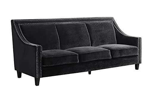 Iconic Home Camren Sofa Velvet Upholstered Swoop Arm Silver Nailhead Trim Espresso Finished Wood Legs Couch Modern Contemporary, Black