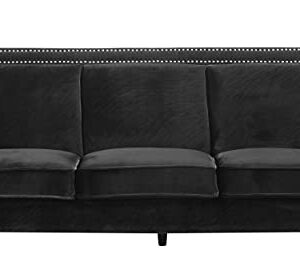 Iconic Home Camren Sofa Velvet Upholstered Swoop Arm Silver Nailhead Trim Espresso Finished Wood Legs Couch Modern Contemporary, Black