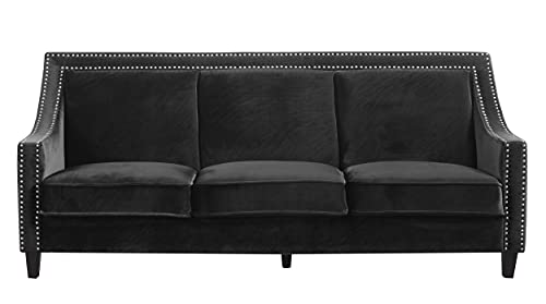 Iconic Home Camren Sofa Velvet Upholstered Swoop Arm Silver Nailhead Trim Espresso Finished Wood Legs Couch Modern Contemporary, Black