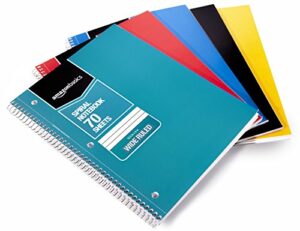 amazon basics wide ruled wirebound spiral notebook, 70-sheet, 5 pack, multicolor