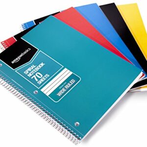 Amazon Basics Wide Ruled Wirebound Spiral Notebook, 70-Sheet, 5 Pack, Multicolor