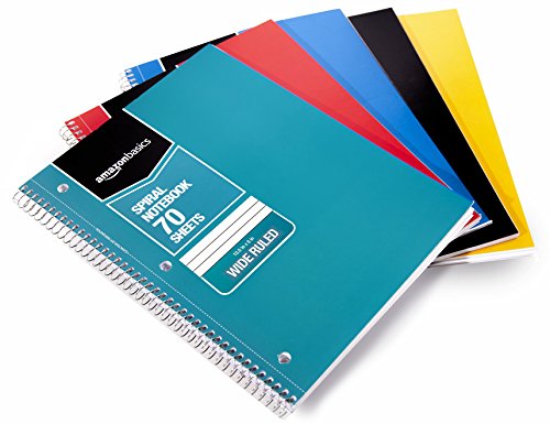 Amazon Basics Wide Ruled Wirebound Spiral Notebook, 70-Sheet, 5 Pack, Multicolor