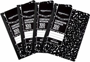 amazon basics wide ruled composition notebook, 100 sheets, marble black, 4-pack