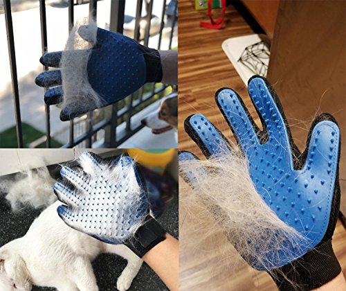 Happy Pet Grooming Glove - Gentle Deshedding Brush Glove - Efficient Pet Hair Remover Mitt - Massage Tool Perfect for Dogs & Cats with Long & Short hair (blue, Left hand)