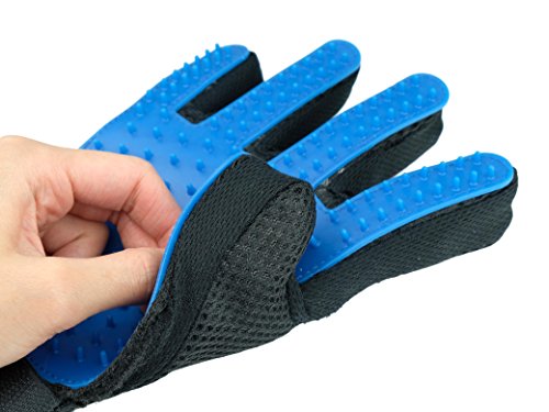 Happy Pet Grooming Glove - Gentle Deshedding Brush Glove - Efficient Pet Hair Remover Mitt - Massage Tool Perfect for Dogs & Cats with Long & Short hair (blue, Left hand)