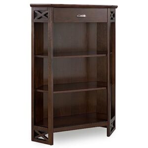 leick furniture mantel height 3-shelf corner bookcase with drawer storage by leick home, chocolate oak