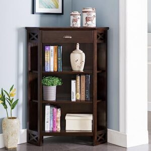 Leick Furniture Mantel Height 3-Shelf Corner Bookcase with Drawer Storage by Leick Home, Chocolate Oak