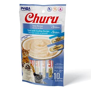 inaba churu cat treats, grain-free, lickable, squeezable creamy purée cat treat/topper with vitamin e & taurine, 0.5 ounces each tube, 10 tubes total/two flavors, tuna variety