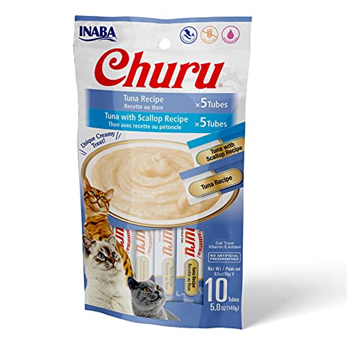 INABA Churu Cat Treats, Grain-Free, Lickable, Squeezable Creamy Purée Cat Treat/Topper with Vitamin E & Taurine, 0.5 Ounces Each Tube, 10 Tubes Total/Two Flavors, Tuna Variety