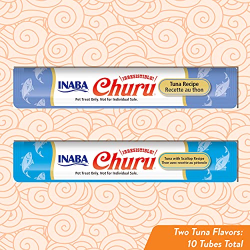 INABA Churu Cat Treats, Grain-Free, Lickable, Squeezable Creamy Purée Cat Treat/Topper with Vitamin E & Taurine, 0.5 Ounces Each Tube, 10 Tubes Total/Two Flavors, Tuna Variety