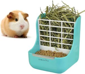 2 in 1 food hay feeder for guinea pig, rabbit feeder, indoor hay feeder for guinea pig, rabbit, chinchilla, feeder bowls use for grass & food (blue)