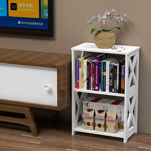 Rerii End Table, Side Table 3 Tier, Simple Bedside Nightstand, 2 Shelf Small Bookshelf Bookcase, Display Rack for Bathroom, Bedroom and Living Room, White