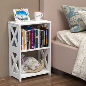 Rerii End Table, Side Table 3 Tier, Simple Bedside Nightstand, 2 Shelf Small Bookshelf Bookcase, Display Rack for Bathroom, Bedroom and Living Room, White