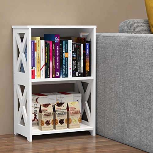 Rerii End Table, Side Table 3 Tier, Simple Bedside Nightstand, 2 Shelf Small Bookshelf Bookcase, Display Rack for Bathroom, Bedroom and Living Room, White