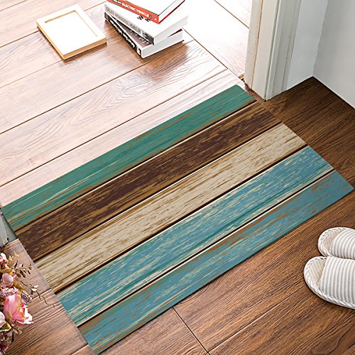 Entrance Doormat Rustic Old Barn Wood Art Rug Retro Wood Board Non Slip Mats Bathroom Kitchen Farmhouse Decor Area Rug, Machine Washable 18"x 30",Teal Green Brown