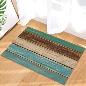 Entrance Doormat Rustic Old Barn Wood Art Rug Retro Wood Board Non Slip Mats Bathroom Kitchen Farmhouse Decor Area Rug, Machine Washable 18"x 30",Teal Green Brown