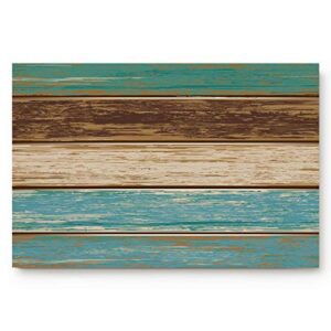 Entrance Doormat Rustic Old Barn Wood Art Rug Retro Wood Board Non Slip Mats Bathroom Kitchen Farmhouse Decor Area Rug, Machine Washable 18"x 30",Teal Green Brown