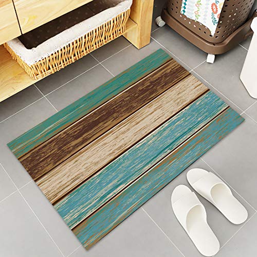 Entrance Doormat Rustic Old Barn Wood Art Rug Retro Wood Board Non Slip Mats Bathroom Kitchen Farmhouse Decor Area Rug, Machine Washable 18"x 30",Teal Green Brown